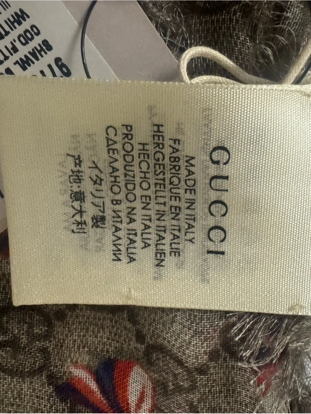 Gucci Beige Brown Monogram Shawl with Red White Blue Bow Accents